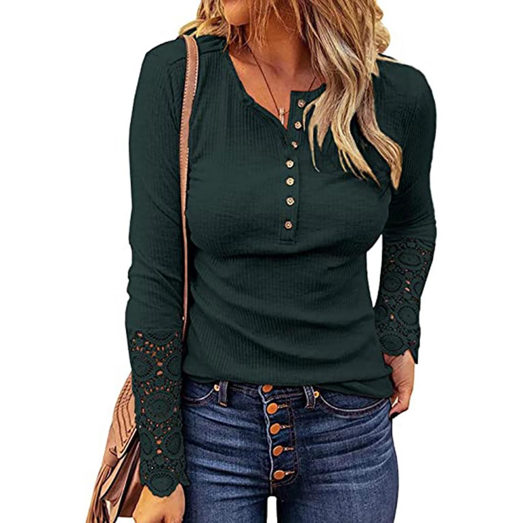 Ladies Casual Color Strip Color Slim Fit Round Neck Stitching Lace Sleeve T-Shirt
