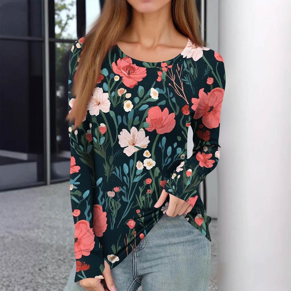 Women's  And Winter Slim Bottom T-shirt Fashion Casual Gradient Printing Round Neck Pullover Long Sleeve Top
