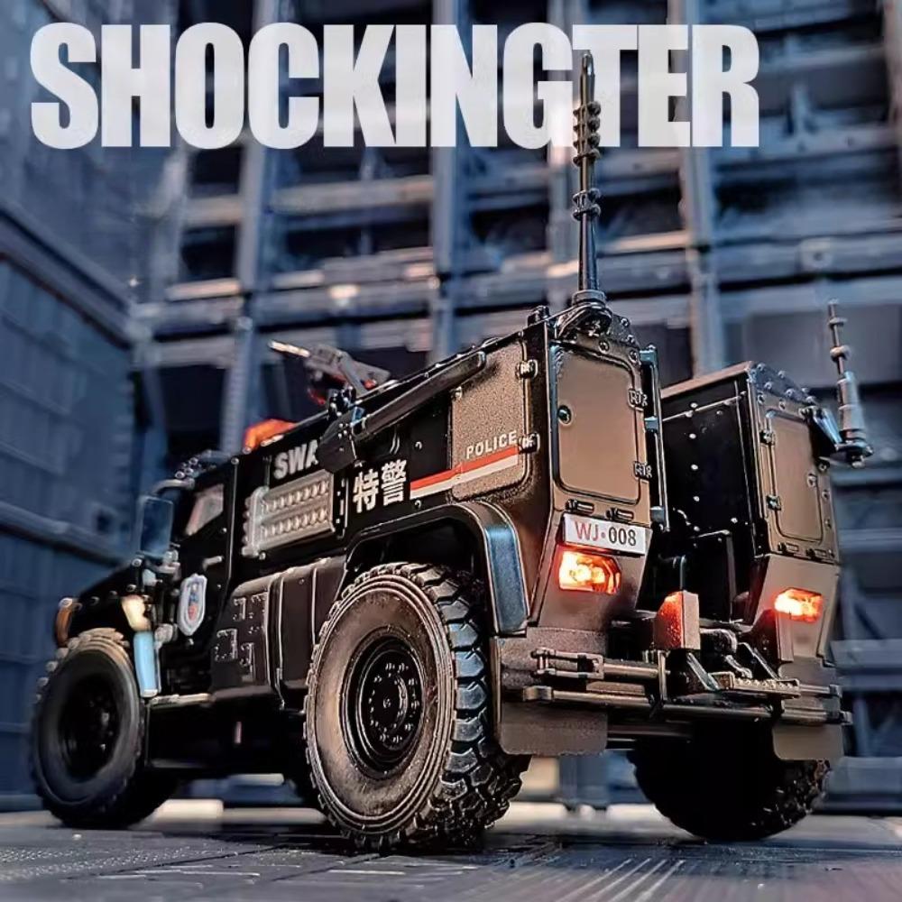 1:32 Scale SWAT Armored Police Car Model Toy Metal Diecast Pull Back Shock Absorption Heavy Truck Toys Sound Light Gift for Kids
