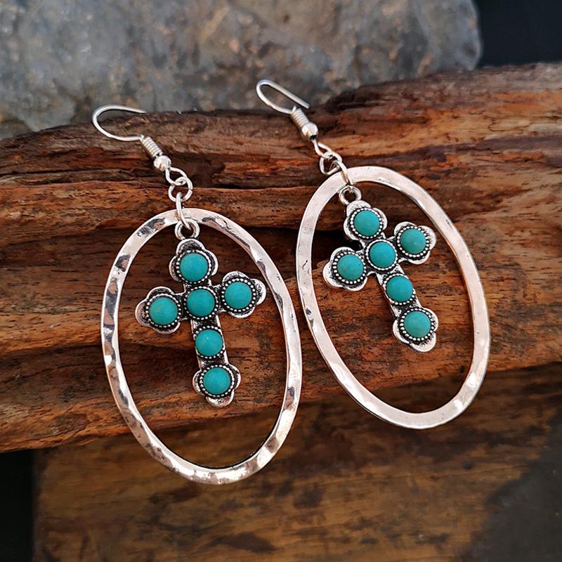Retro Turquoise Water Drop Cross Earrings in Antique Silver for Women