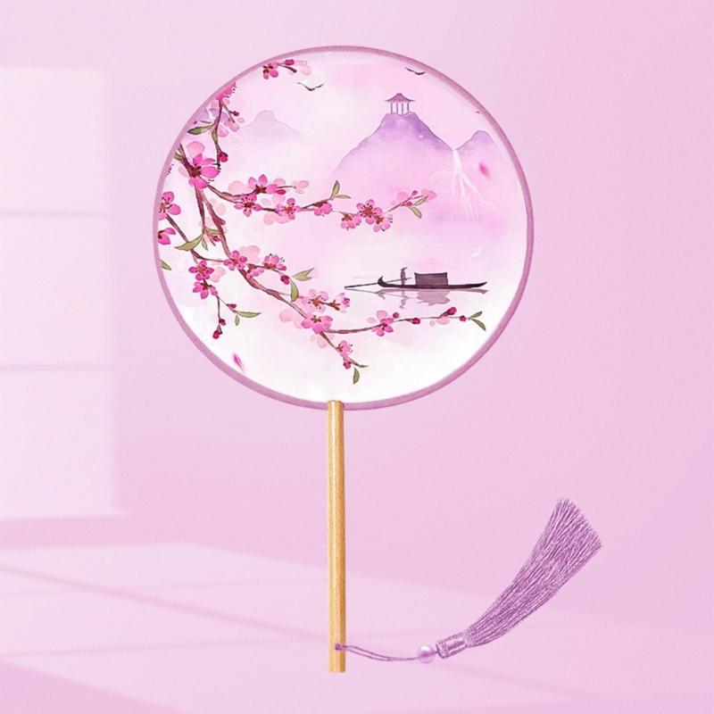 Chinese Fan with Pendant Handhelds Inks Painting Fan Tassels Round Silk Fan