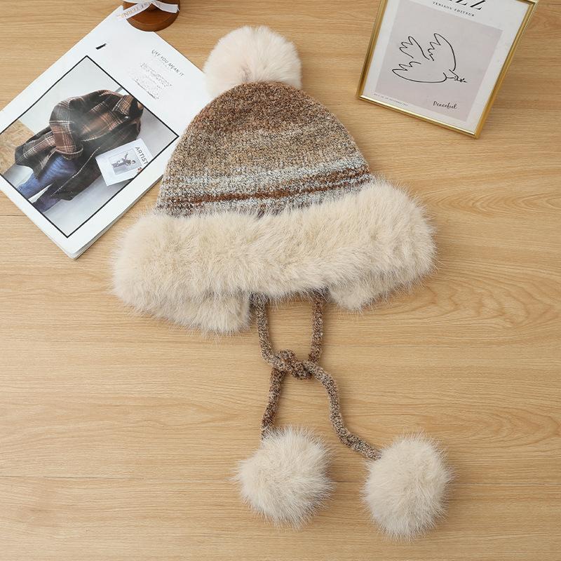 

Зимняя шапка для женщин Ретро вязаная шапка Плюс бархатная утолщенная защита ушей Защищающая от холода шерстяная шапка Милый меховой помпон Кружевная шапка на голову average size