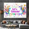 2D "Let's Celebrate!" Art Studio Backdrop Vibrant Paint Splash Themed Party Background