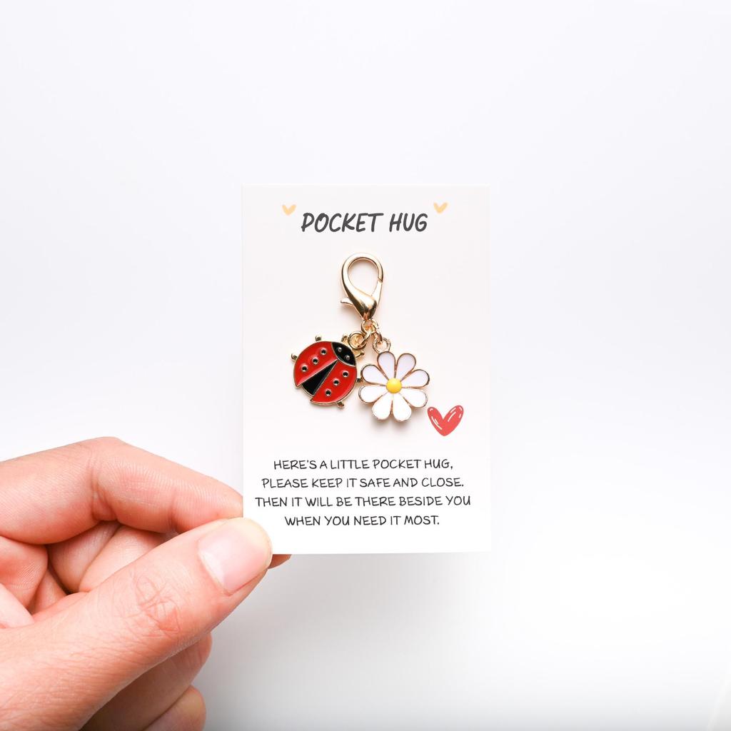 Pocket Hug Greeting Card with Cute Insect & Daisy Keychain Pendant Gift
