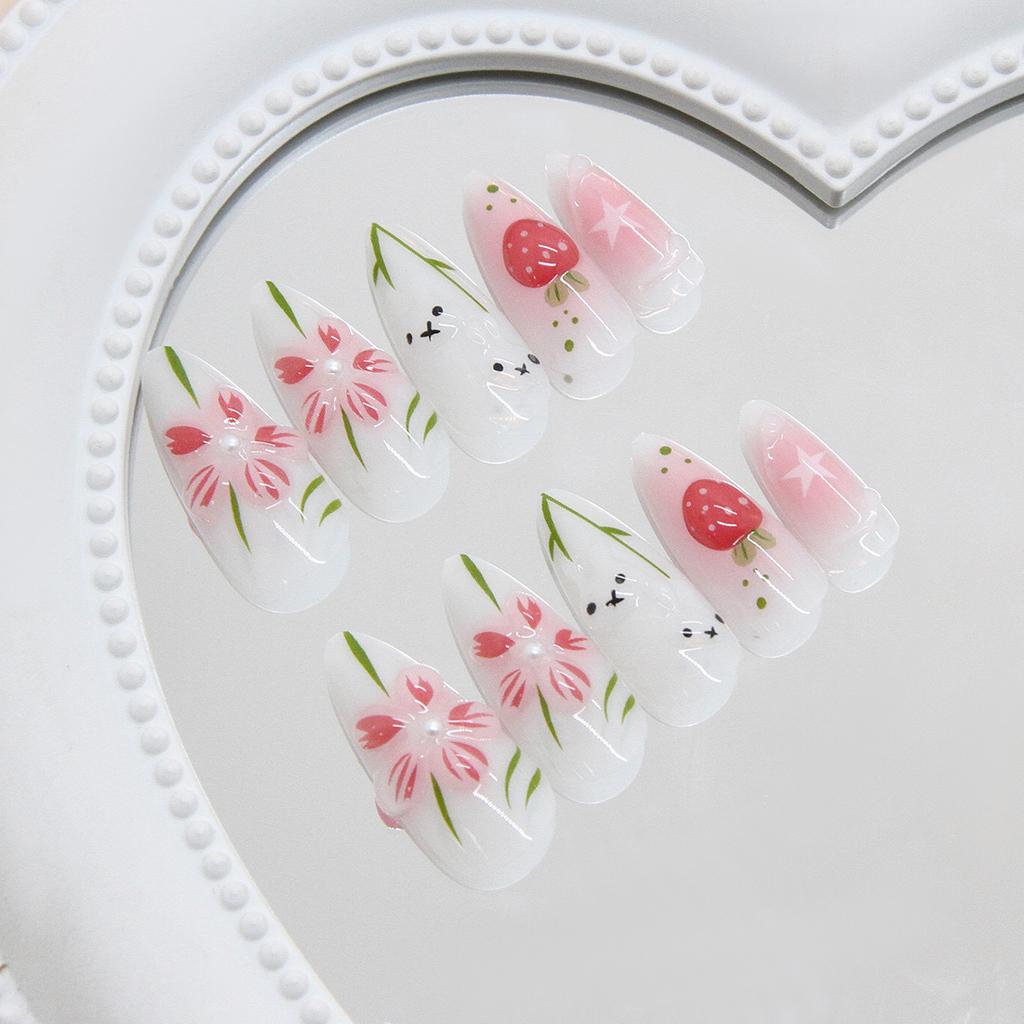Three-dimensional icy flower cute rabbit sweet girl manicure tablets 24 pieces