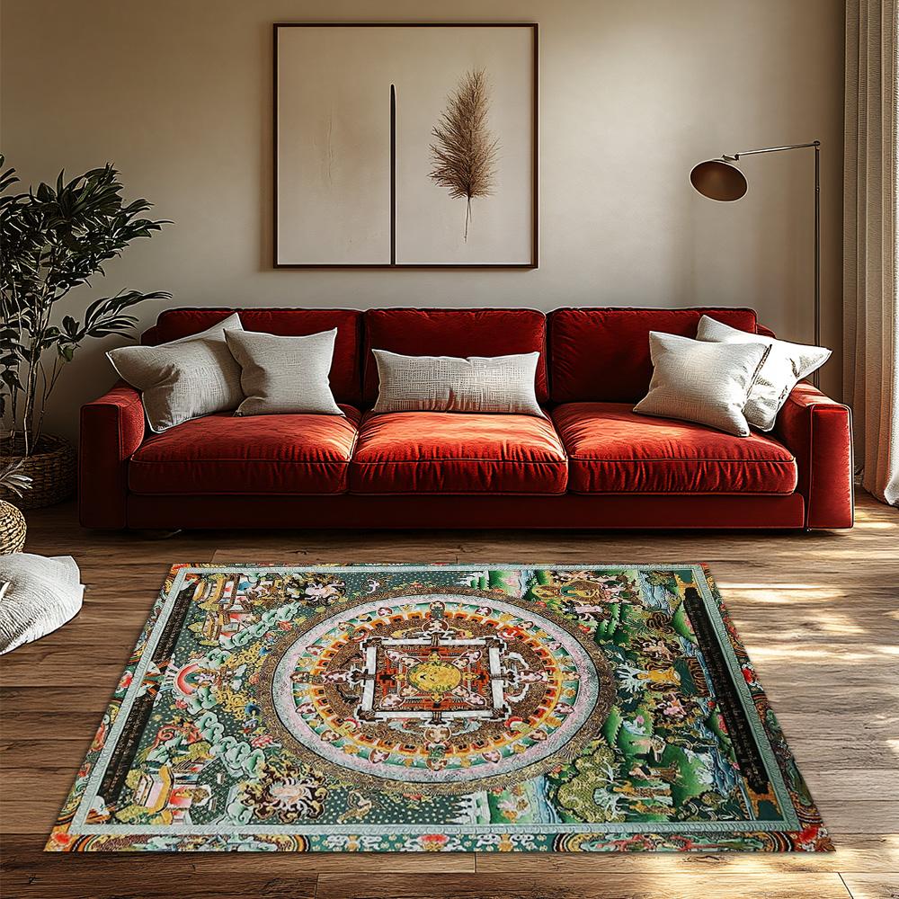Tibetan Mandala Area Rug Intricate Buddhist Art Floor Mat Spiritual Home Decor Meditation Room Carpet Zen Design Detailed Patter
