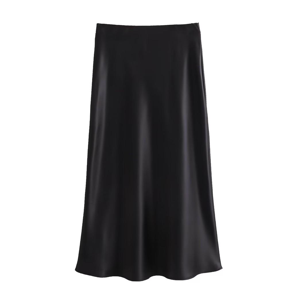 Qooth Women Elegant Satin Black Skirt High Waist Slim Skirt for Spring Summer QT2319