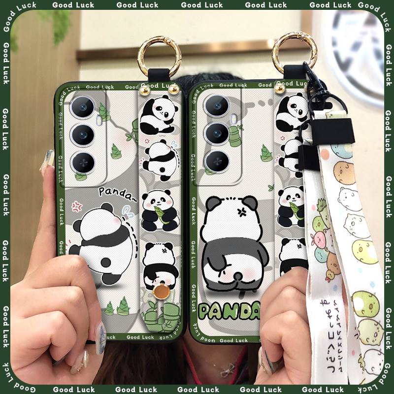Wrist Strap Ring Phone Case For Realme C65 Waterproof Phone Holder Cute Protective Silicone Back Cover Panda Soft case