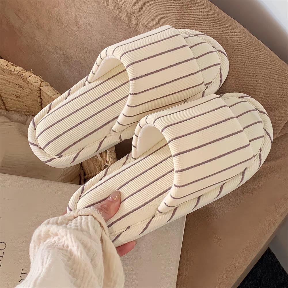 New linen mop universal in all seasons, simple striped air-conditioned room sweat-absorbing soft bottom home cotton and linen slippers ins