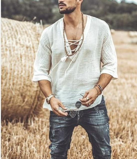 2025 New Style Men's Chest Tie-Up Eyelet Short Sleeve T-Shirt