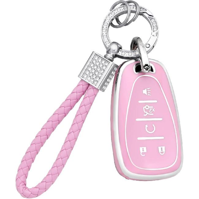 PIFOOG Key Fob Cover Fit for Chevy Pink 5 Button Car Keys Case Shell Bling Keychain Accessories Fits for Malibu Equinox Blazer Traverse Camaro Cruze