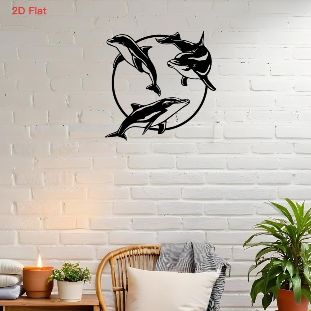

2D Flat Three Dolphins Circle Metal Wall Art Black Wrought Iron Laser Cut Decor Cute Coastal Ocean Theme Home 12in
