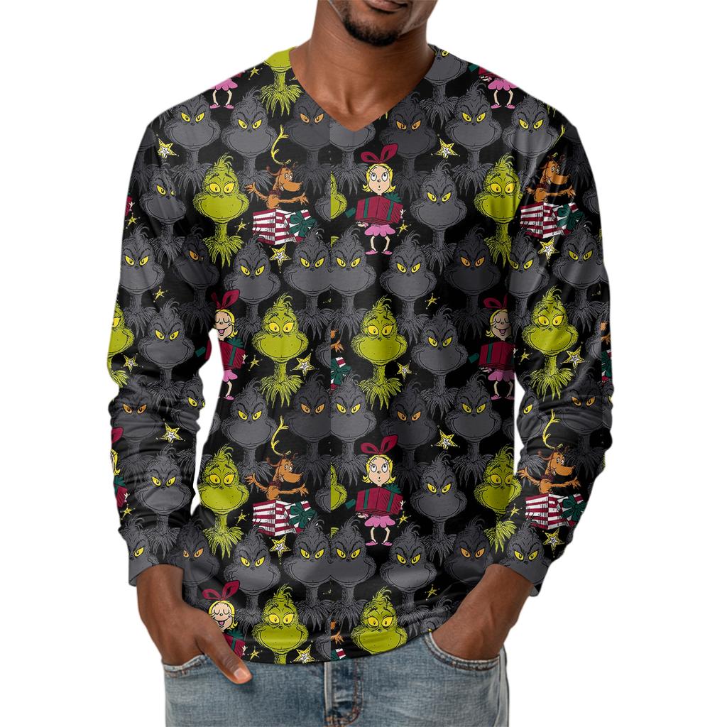 Мужская модная футболка с принтом, V-образным вырезом, повседневная, с длинным рукавом, для ношения под низ, топ