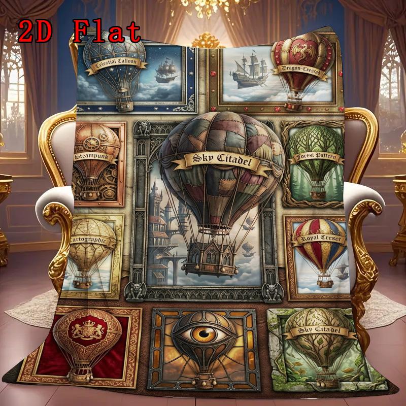 Steampunk Balloon Adventure 2D Flat Pattern Flannel Blanket, High quality All Seasons, Home Decor, Warmth and Comfort, Perfect for Christmas Gifts.
