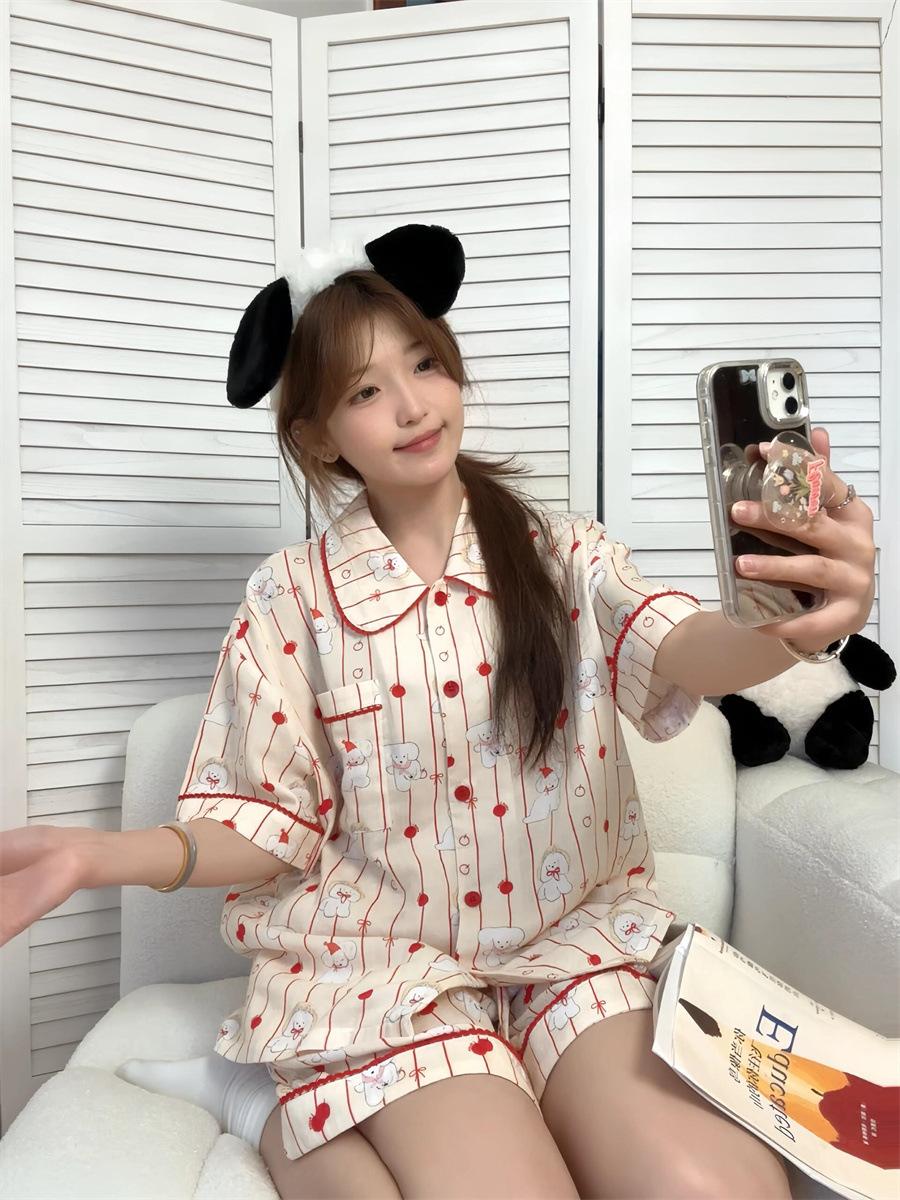 

New sweet red striped puppy pajamas women s summer short-sleeved shorts cardigan doll collar two-piece loungewear S
