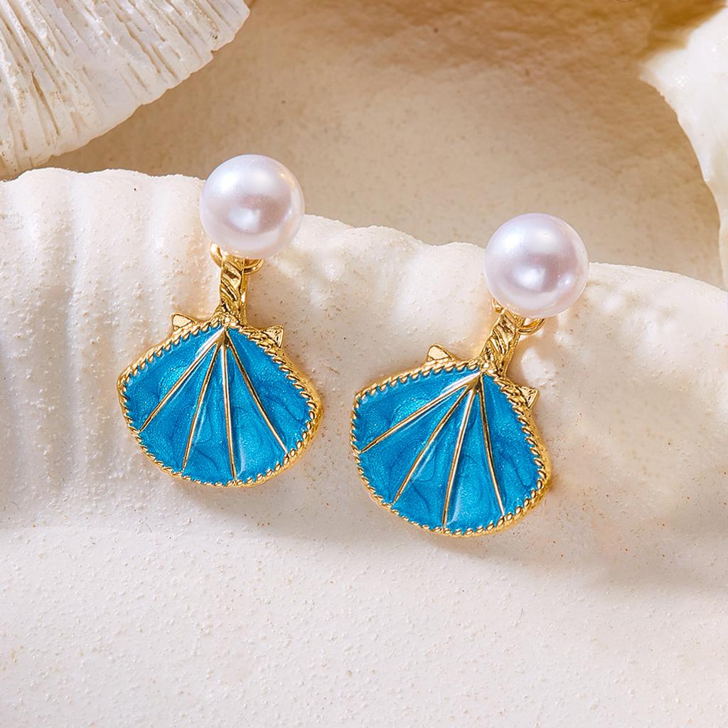 Creative Ocean Blue Shell Pearl Stud Earrings For Women Vintage Dripping Oil Imitation Pearl Shell Texture Earring Party Jewelry