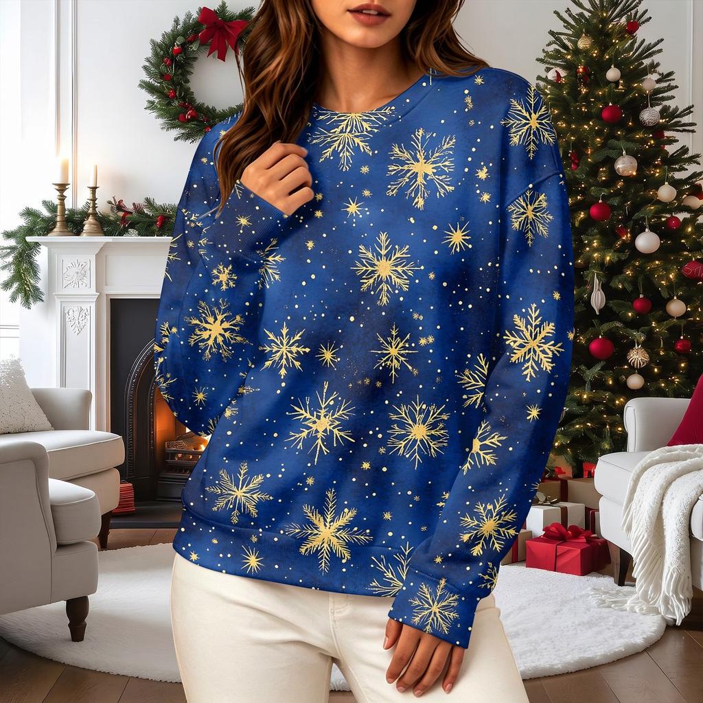 Women's Casual Long Sleeve Christmas Print Crewneck Sweatshirt Top for Fall and Winter