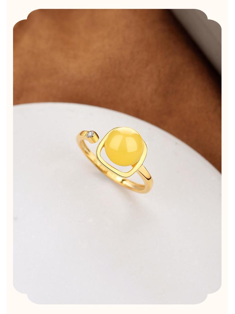 Elegant S925 Silver Amber Beeswax Adjustable Ring - Light Luxury