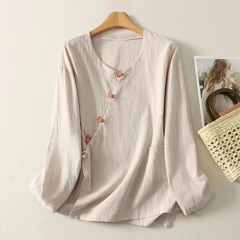 

Women s Purple Linen Wrap Blouse V-Neck Frog Button Long Sleeve Loose Casual Top L бежевий