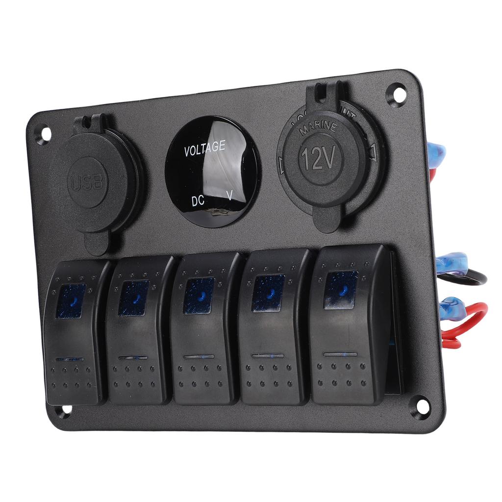 5 Gang Rocker Switch Aluminum Panel with Blue Backlight Dual USB Ports Volt Meter Waterproofing On Off Toggle Switch