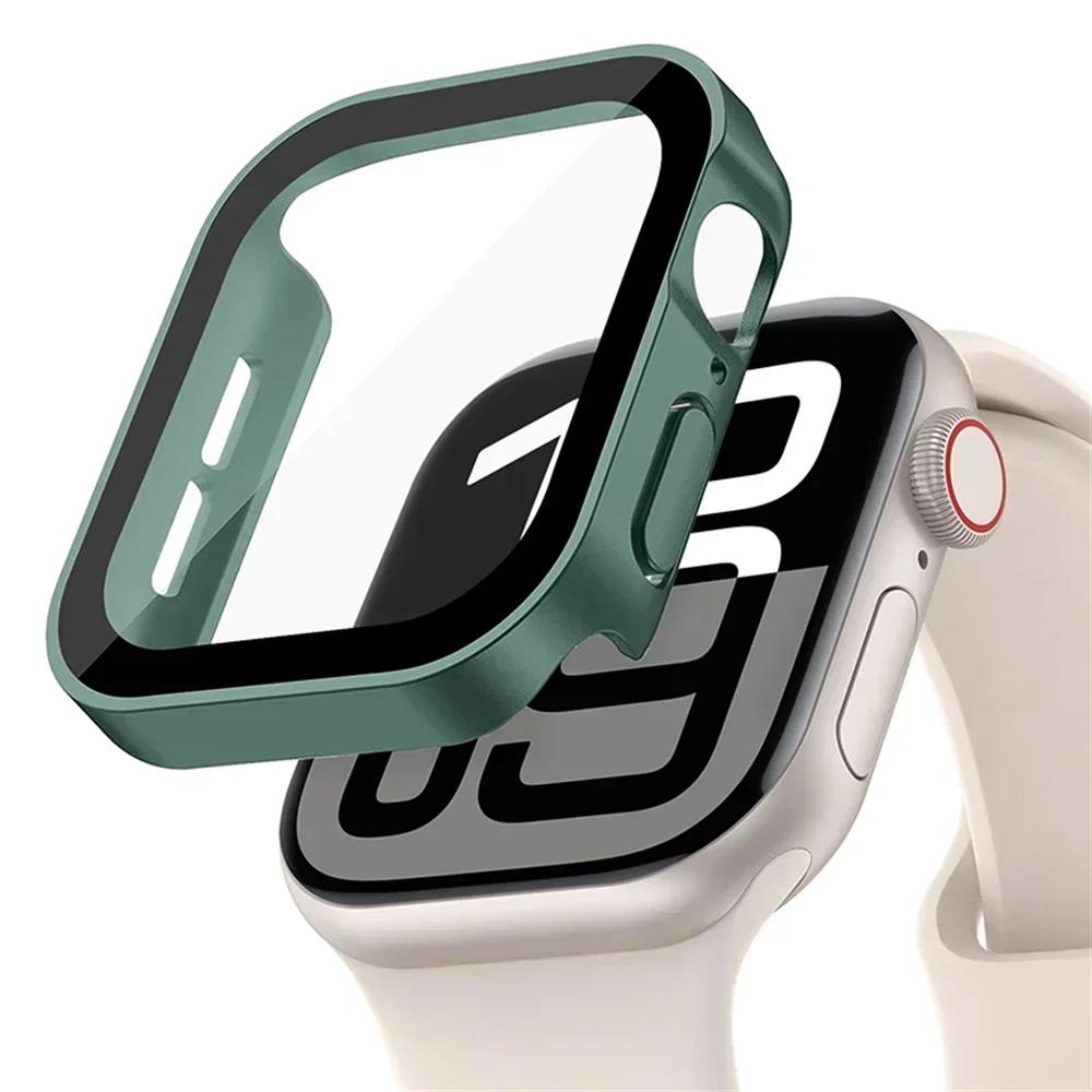 Glass+Case For Apple Watch 42mm 46mm 45mm 41mm 44mm 40mm Straight Edge Screen Protector Cover Case iWatch SE 3 6 7 8 9 10 11 7