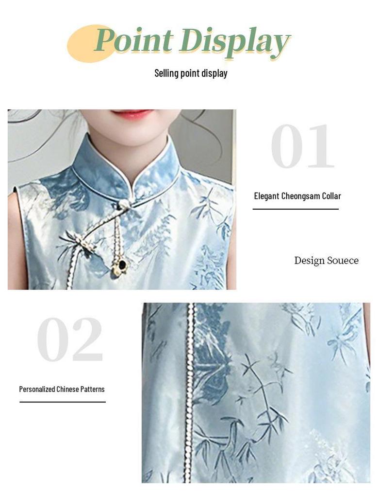 Set Top Qipao Estivo 2026 per Ragazze con Motivo di Bambù e Gonna a Sirena in Raso