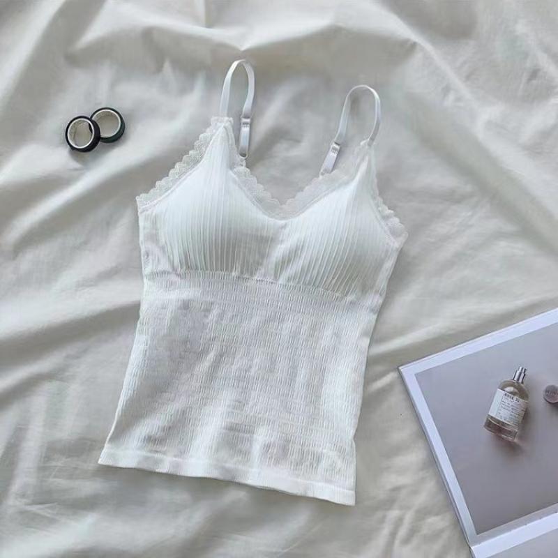 

Женская майка-топ с кружевом, летняя, без рукавов, облегающая, жилет, базовый топ с V-образным вырезом, на регулируемых бретелях, с нагрудными подушечками one size