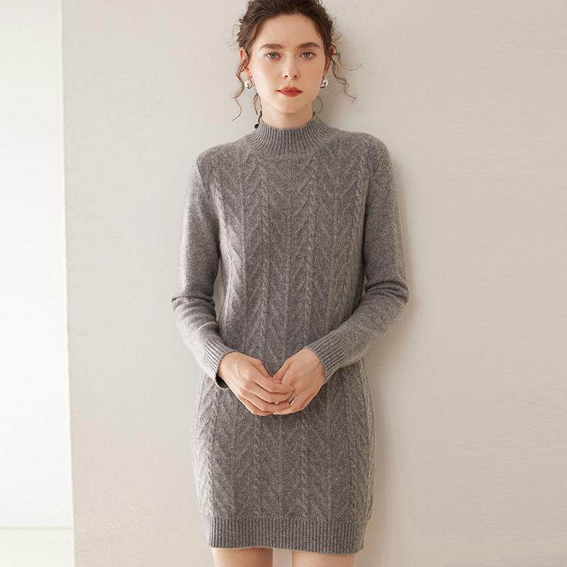 2024 Autumn/Winter Plus Size Cashmere Cable Knit Dress – Women's Mid-Length European/American Style with Half-High Neck
