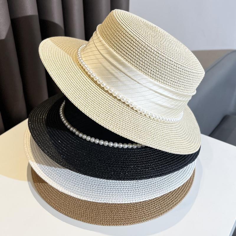 New elegant satin pearl top hat children summer vacation travel sunscreen sunshade flat top straw hat