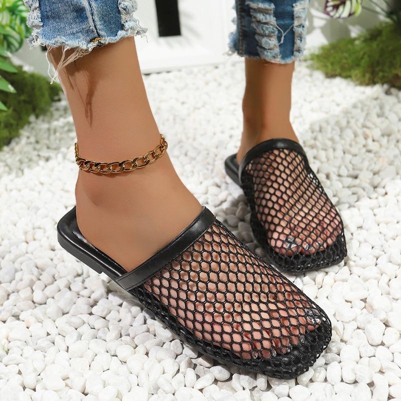 2025 summer new fish net woven hollowed out Roman sandals women's flat round head baotou slippers outdoor beach sandals
