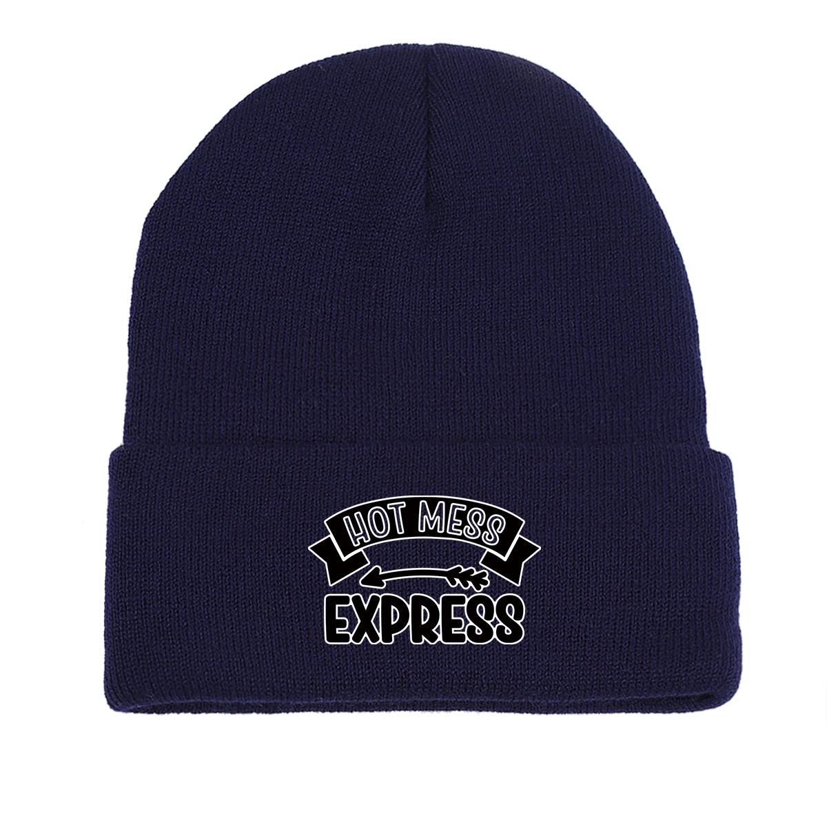 

HOT MESS EXPRESS Печатная вязаная шапка, Текстовая женская шапка Термостойкая химиотерапевтическая шапка с помпоном Вязаная шапка as the picture темно-синий