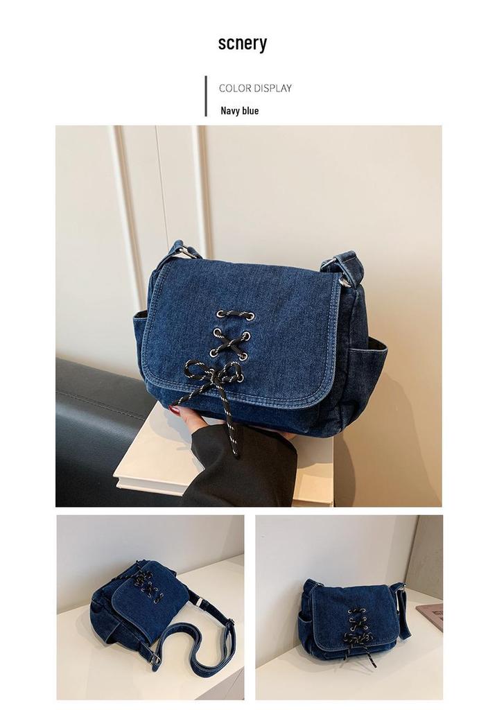 Korean Style Denim One-Shoulder Bag with Drawstring, Large Capacity Crossbody for School and Travel
