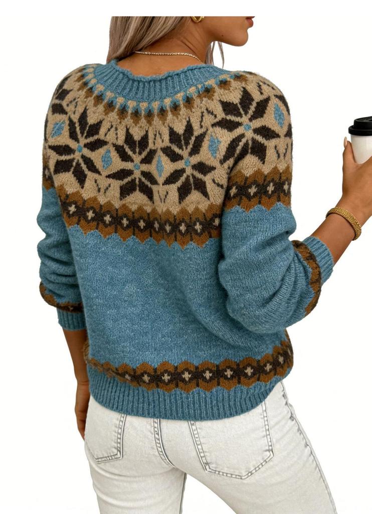 Women's Christmas Jacquard Round Neck Sweater - Casual, Loose, Slimming Knitwear for Autumn and Winter