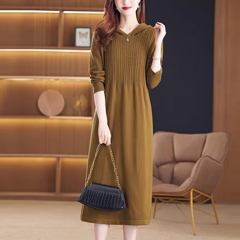 

Вязаное длинное платье с капюшоном для женщин, модное и повседневное длинное платье-свитер, однотонный свитер для осени и зимы XL коричневый