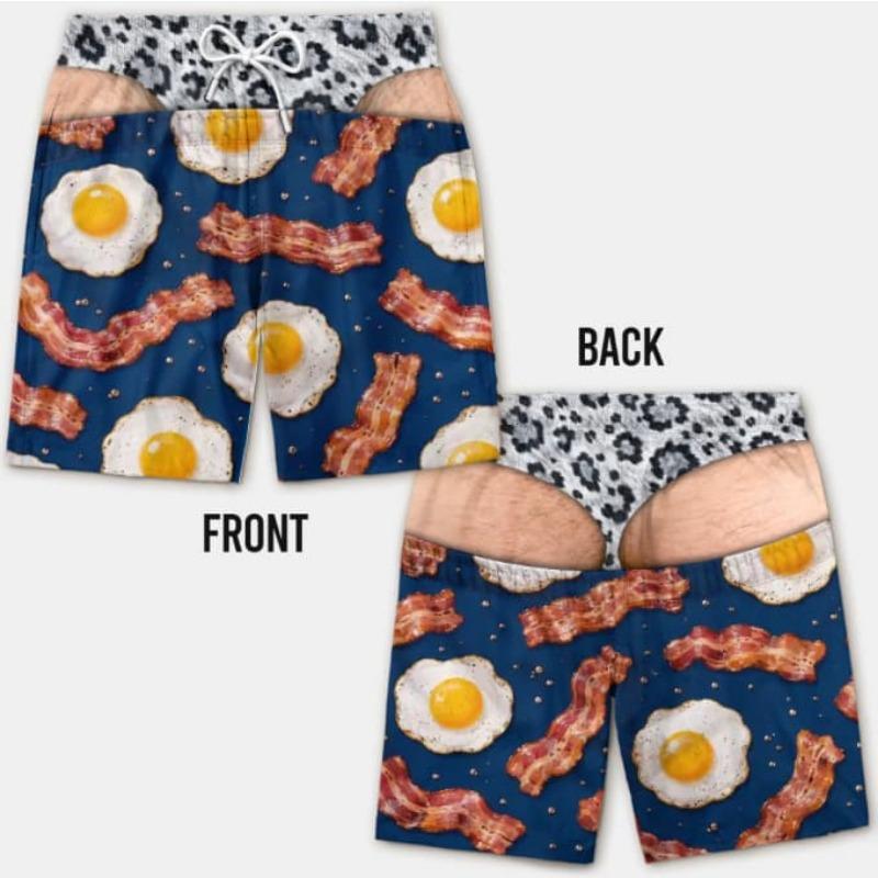New Men's Fun Beach Shorts, 3D Simulated Leopard Print Thong Pants, Faux Two-piece Print, Beach Swim Trunks, Party Casual Shorts