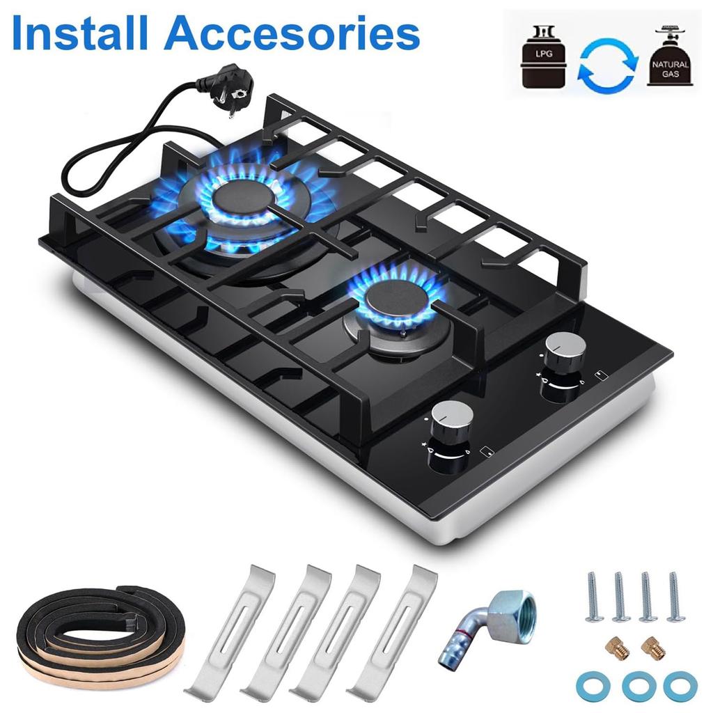 TopStrong 30cm Tempered Glass Gas Cooktop with Cast Iron Supports, 5200W, Black, Easy Installation