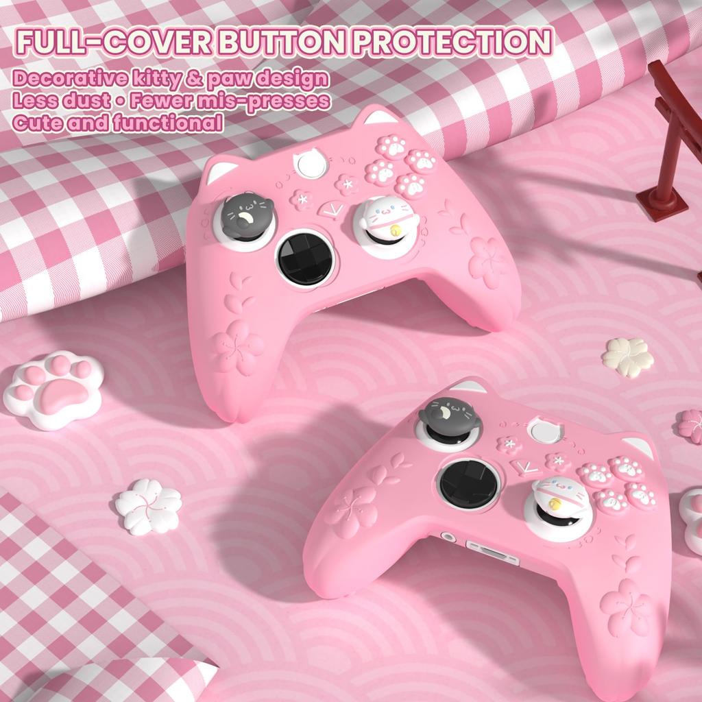 PlayVital Silicone Cover for Xbox Series Sakura Kitten Design Grip Cover Thumbstick Caps Stickers Soft Rubber Case for Xbox Wireless Controllers X/S