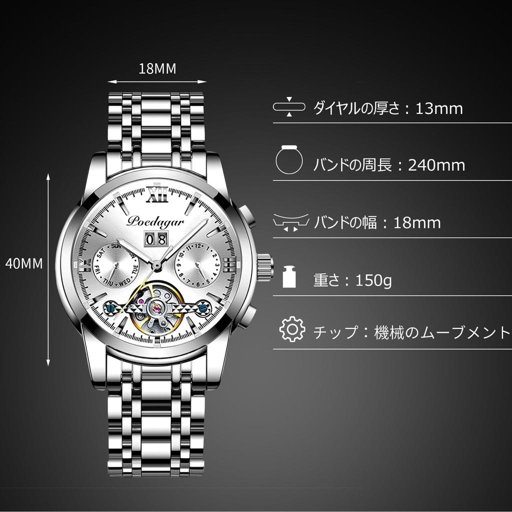 RORIOS Men's Luxury Mechanical Watch, Automatic Wristwatch, Men's Business Watch, Luminous, Date Display, Stainless Steel Band, Waterproof, Birthday