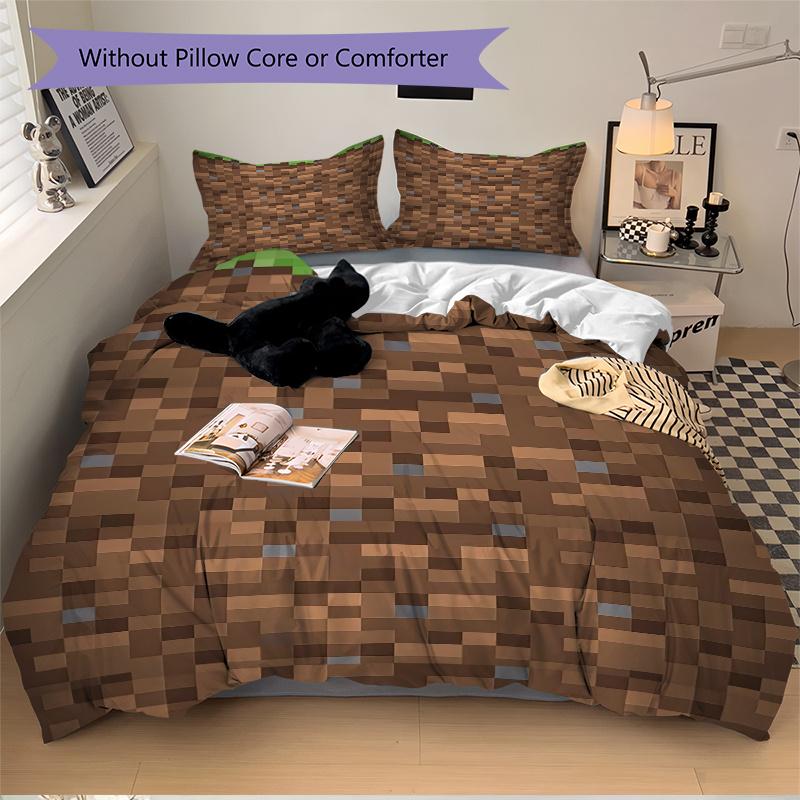 3pcs Minecraft Inspired Earthy Brown and Green Pixelated Patterned Bedding Set-Perfect for Home Decor, Bedroom, Living Room, Hotels, Gifts,