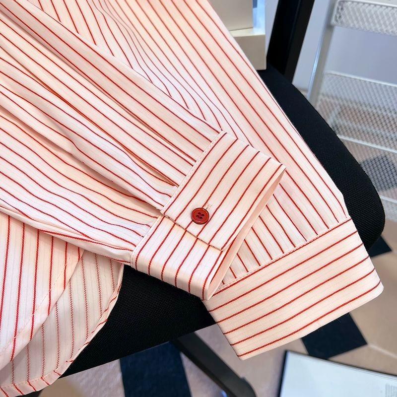 Pink Striped Women's Shirt French Style Loose Flip Collar Single Breasted Pocket Blouse Casual Fashionable Famale Long Sleeved Top
