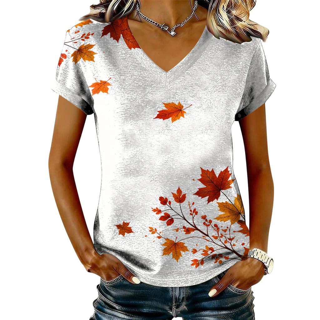 Women's Casual V-Neck Short Sleeve Top with Maple Leaf Print