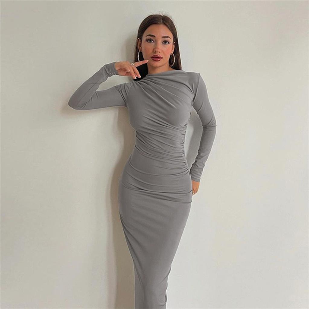 Spring Autumn New Women's Solid Color Bodycon Long Pencil Dress Elegant Slim Fit Casual Party Dress