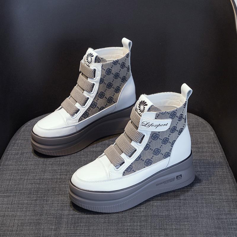 High-top Shoes Women's Autumn 2025 New Leisure Sports Little White Shoes Women's Thick-soled Inner Height Increase Velcro Short Boots Women