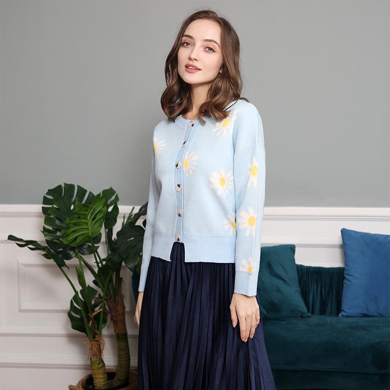 Women's Autumn-Winter Chrysanthemum Embroidered Knitted Cardigan - Casual, Simple, Fashionable, Elegant Sweater