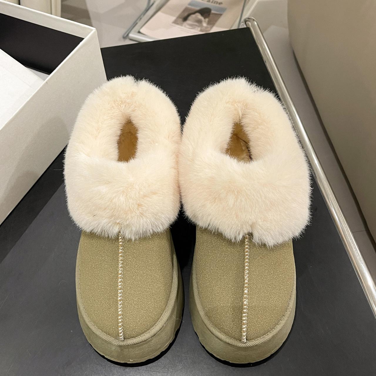 

2025 осень и зима новые пушистые тапочки на толстой подошве женская верхняя одежда меховые интегрированные зимние сапоги с начесом сумка голова полуперетягивание хлопок 36 хаки