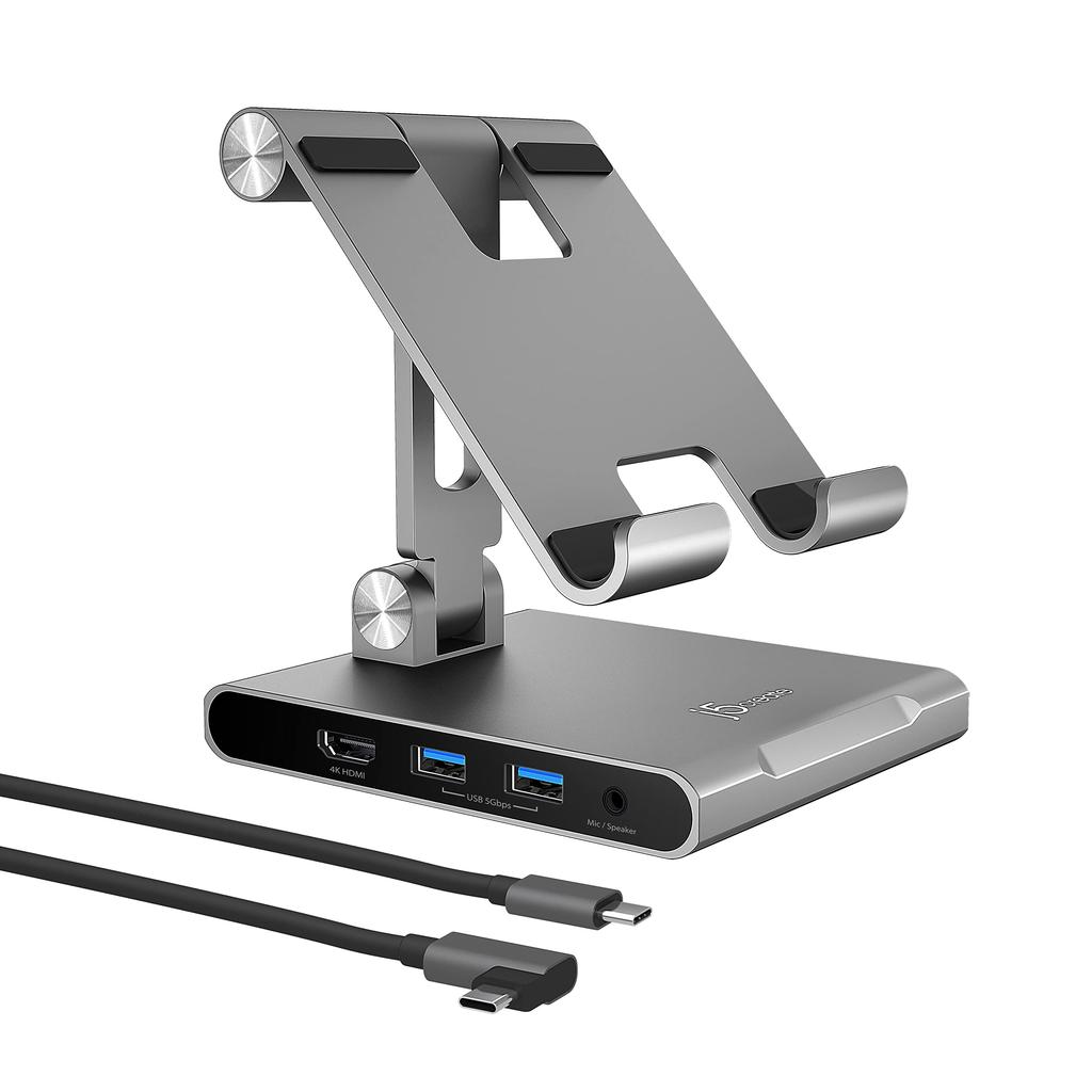 J5create 7in1 iPad Tablet Compatible Stand with Docking Station PD Power Input 4K60 HDMI Aluminum Alloy Stand High Precision Hinge Free Height
