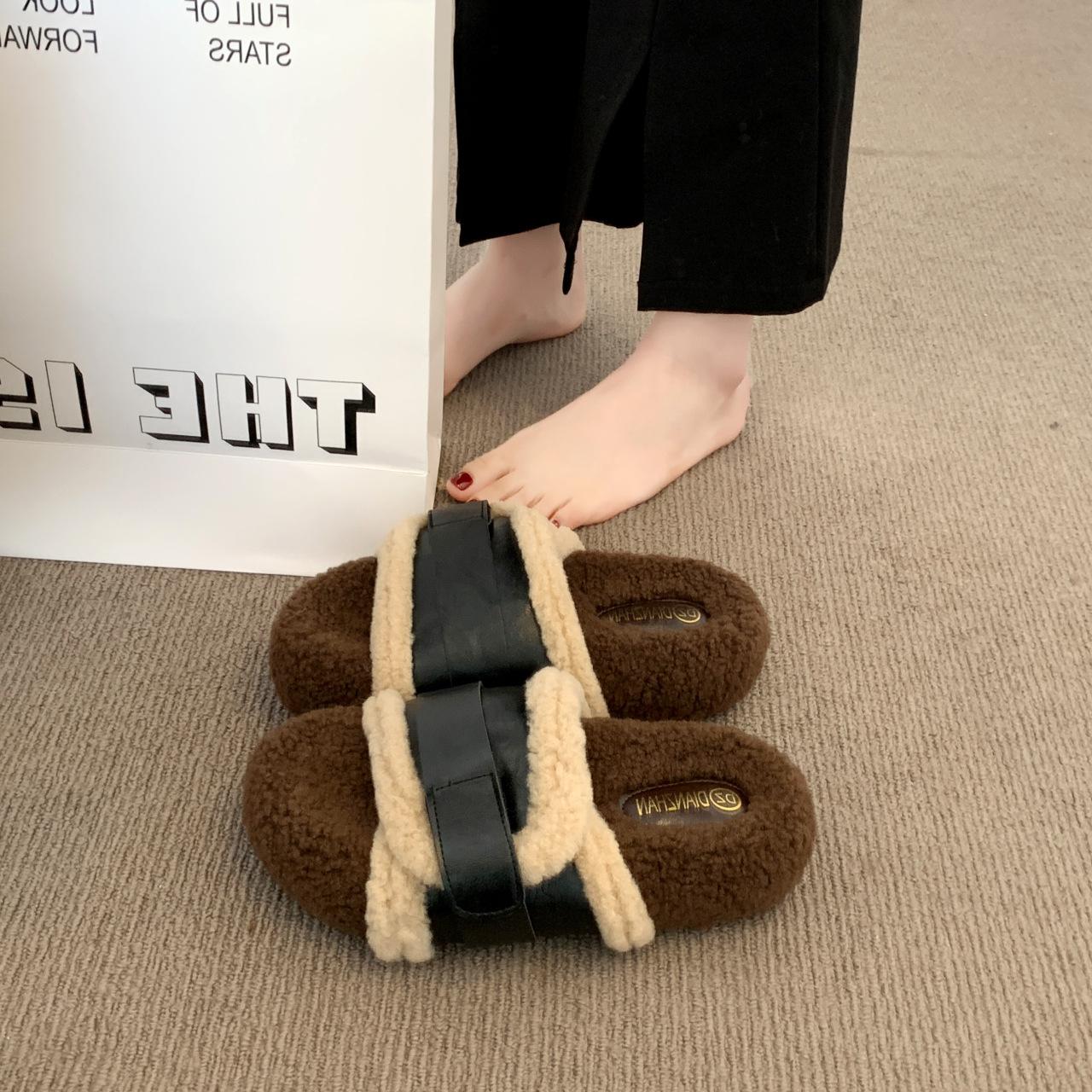 

Премиальные толстоподошвенные пушистые тапочки женские 2025 осенняя одежда французский ретро повседневные на плоской подошве бархатные полушлепанцы хлопковые туфли 40 чёрный