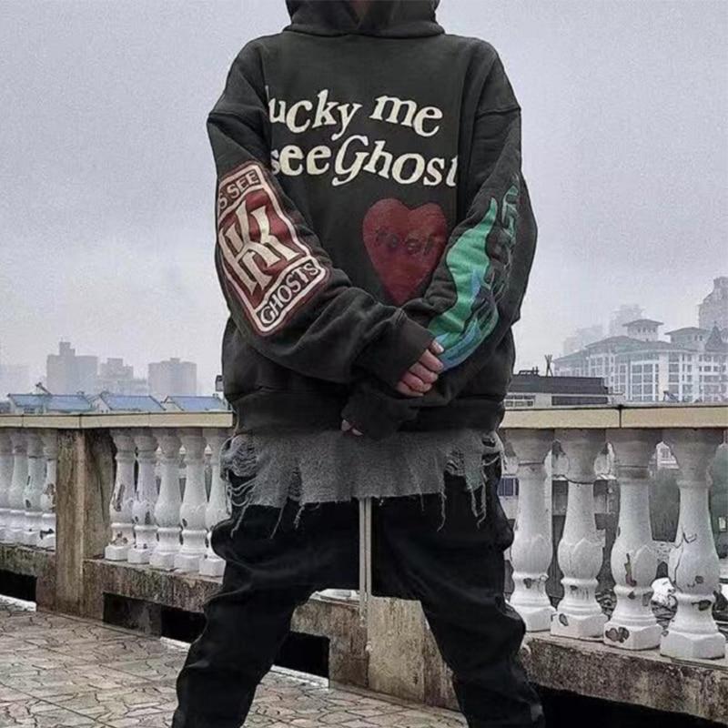 Lucky Me I See Ghosts Letter Print Sweatshirt Couple Kanye West Graffiti Winter Pullovers Hooded Hoodie Hip Hop Long Sleeve Coat