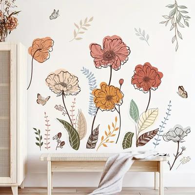1pc Wondever Boho Flower Wall Stickers Wildflower Floral Grass Peel and Stick Wall Art Decals For Living Room Bedroom TV Wall
