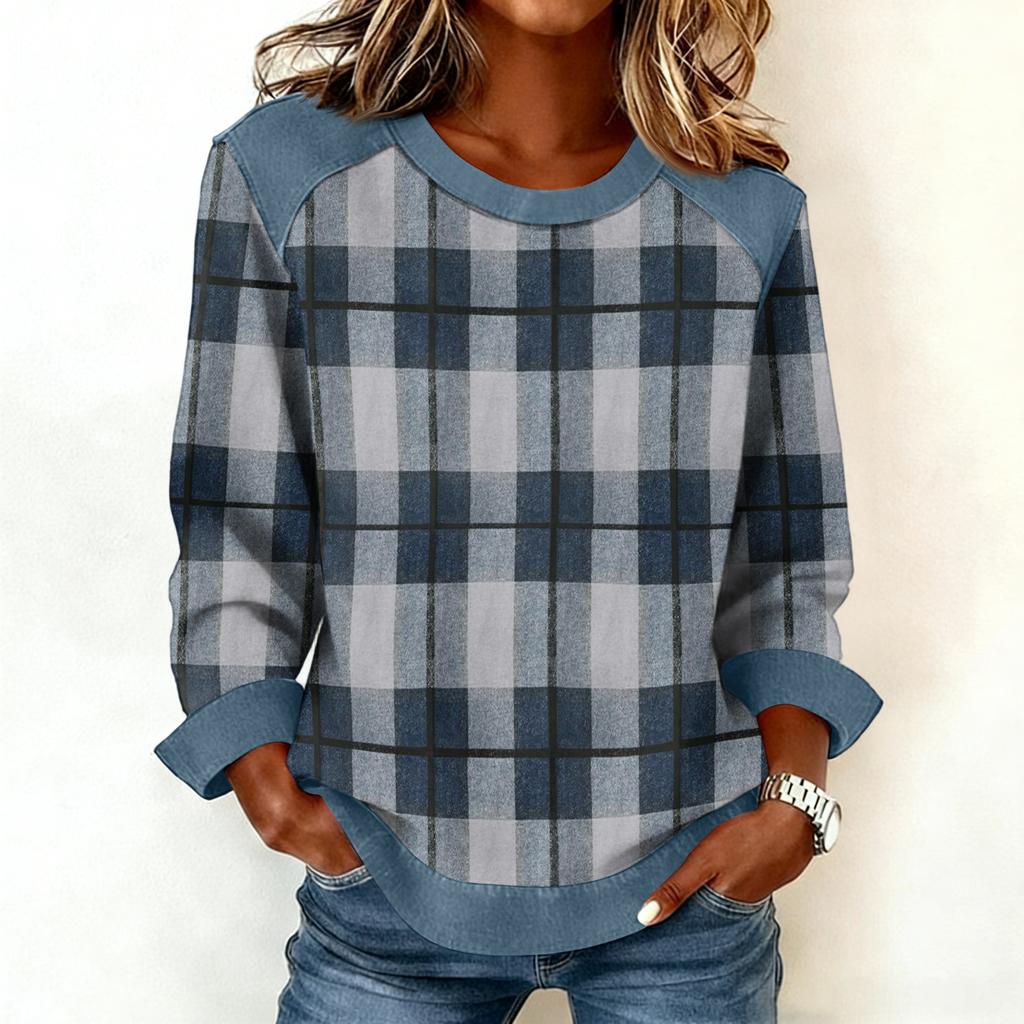 Damen Jeanskragen Patchwork Nähte Sweatshirt Lässig Pullover Langarmshirts